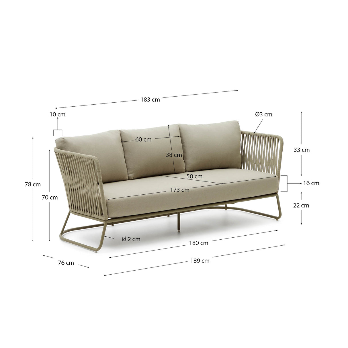 Sacona 3-Sitzer-Sofa für den Außenbereich mit Flechtwerk und verzinktem Stahl, grün, 192 cm - ZEN ZONE Furniture