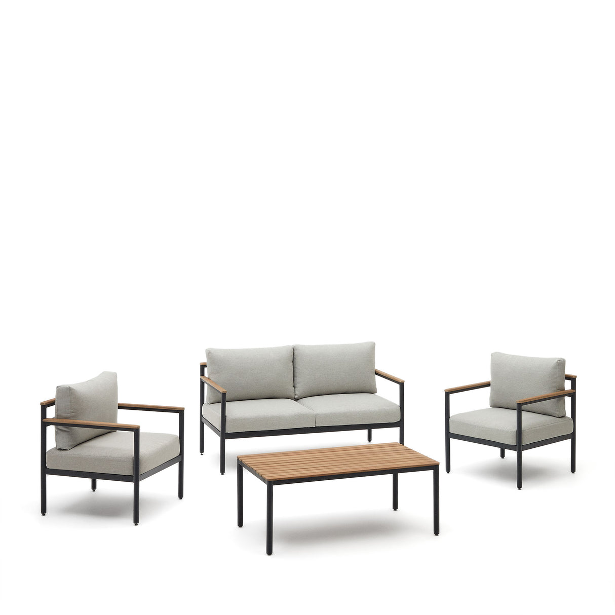 Aiguafreda Set 2-Sitzer-Sofa 2 Sesseln + Couchtisch Alu grau massives Akazienholz 100% FSC - ZEN ZONE Furniture