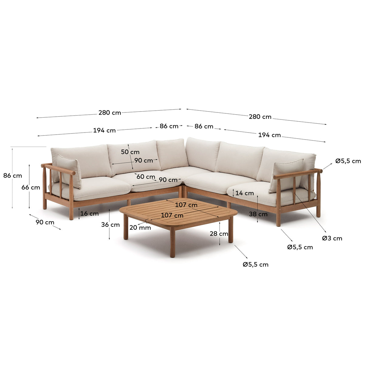Sacova Set 5-Sitzer-Ecksofa und Couchtisch aus massives Eukalyptusholz 100% FSC - ZEN ZONE Furniture