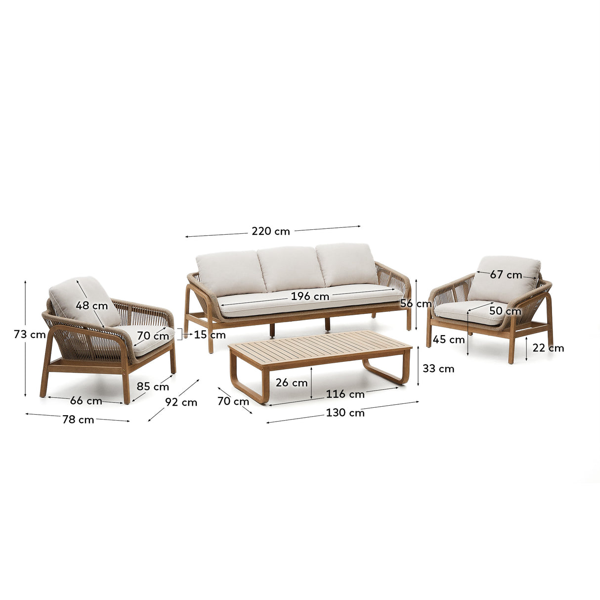 Vellana Set aus 3-Sitzer-Sofa, 2 Sesseln und Couchtisch aus massivem Akazienholz 100 % FSC - ZEN ZONE Furniture