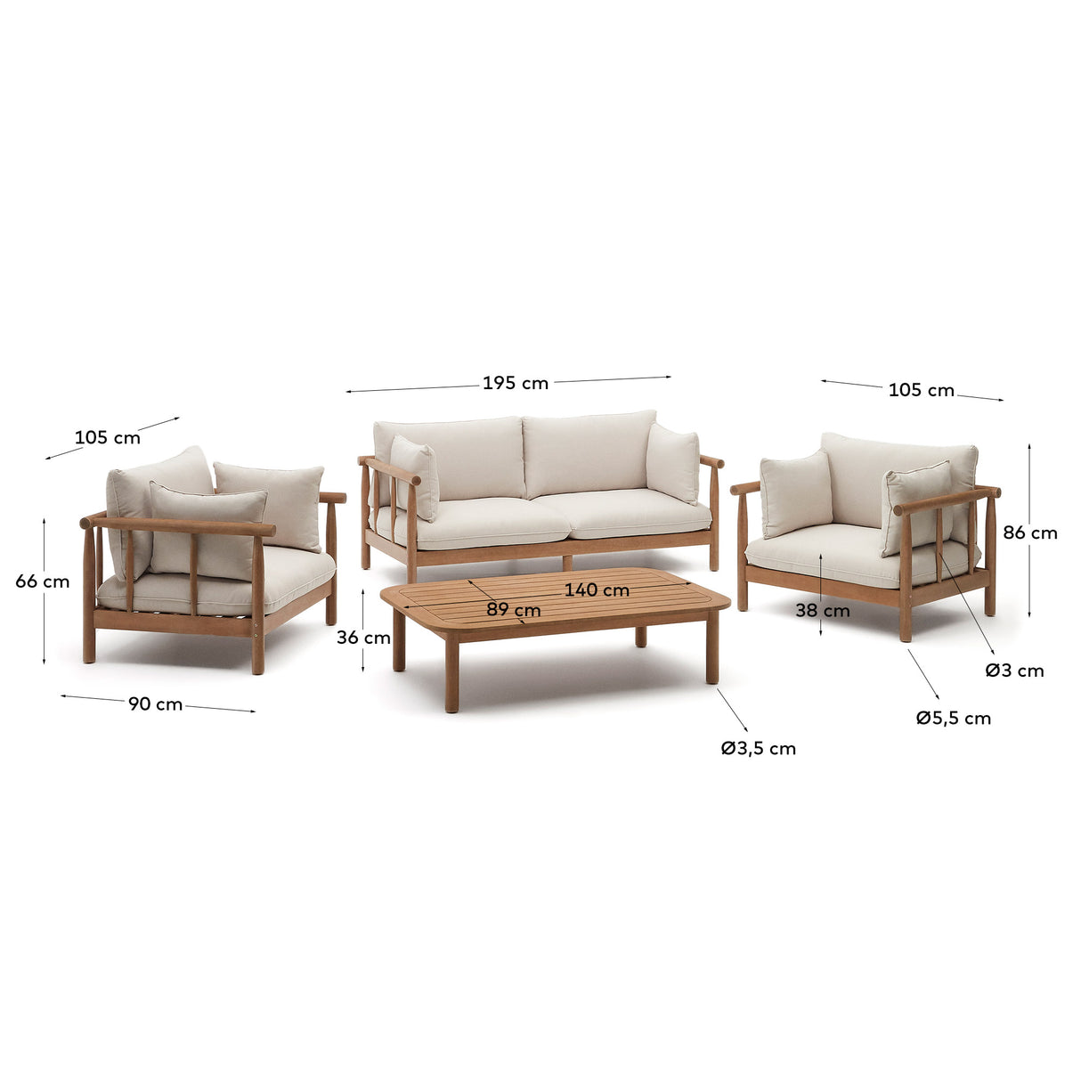 Sacova Set 2 Sesseln, 2-Sitzer-Sofa und Couchtisch massives Eukalyptusholz 100% FSC - ZEN ZONE Furniture