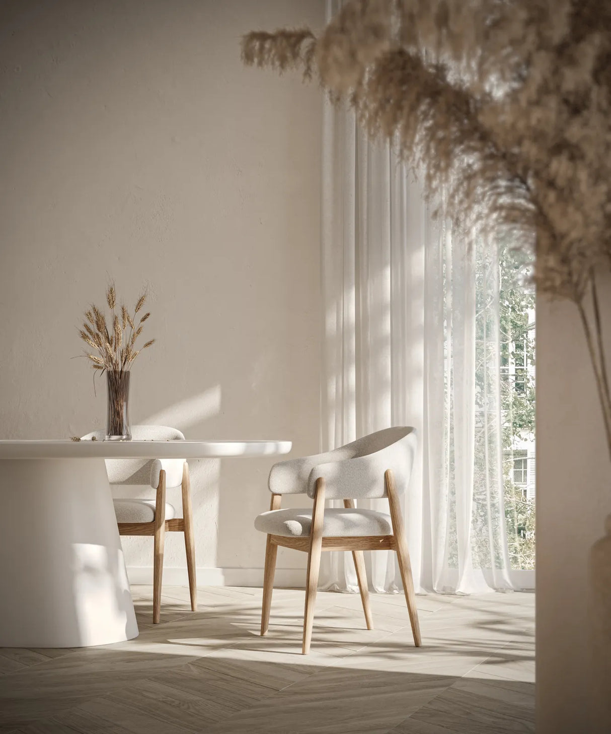 CONOR Essstuhl mit Armlehnen ivory, Beine aus Holz Natur - ZEN ZONE Furniture