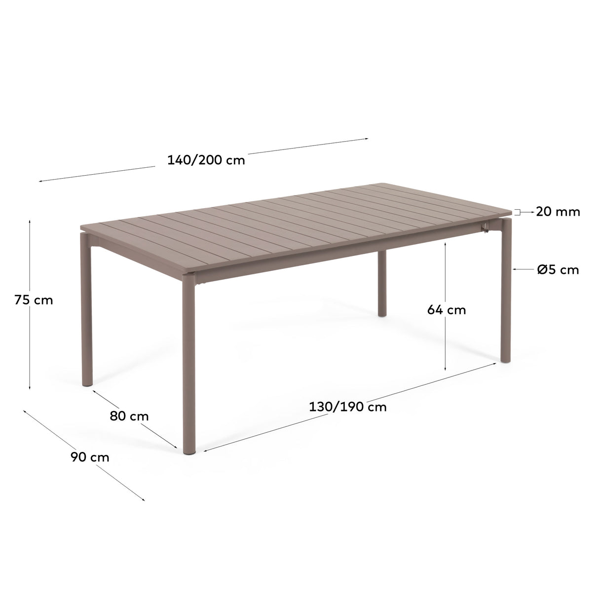 Zaltana ausziehbarer Outdoor-Tisch aus Aluminium mattbrauner 140 (200) x 90 cm - ZEN ZONE Furniture