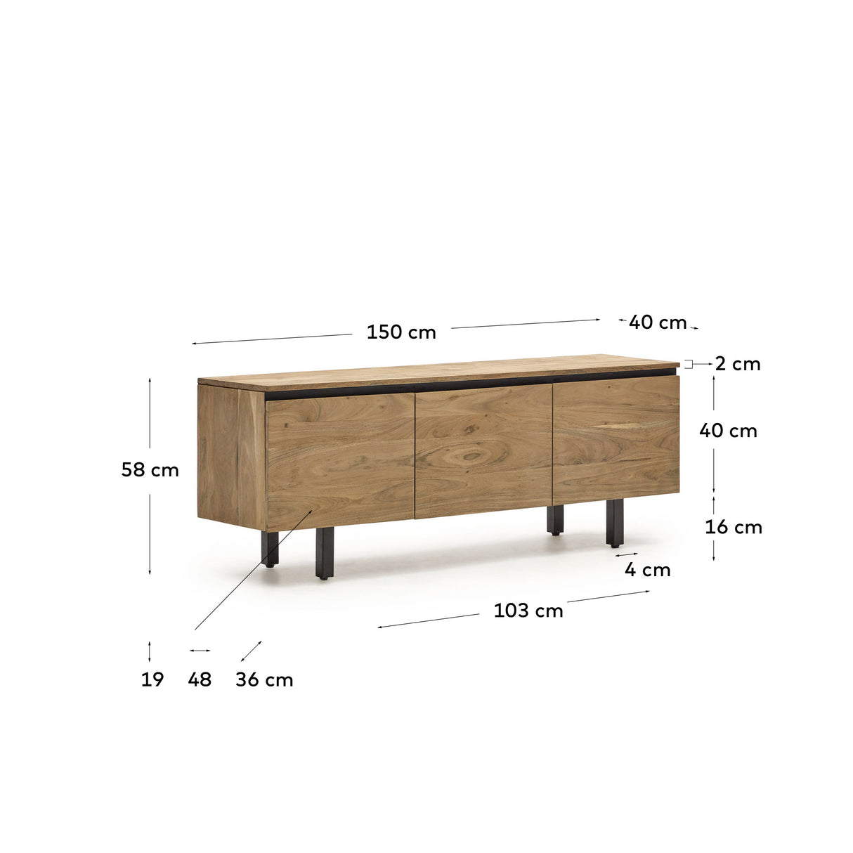 Uxue TV-Möbel 3-türig aus massivem Akazienholz mit natürlichem Finish 150 x 58 cm - ZEN ZONE Furniture