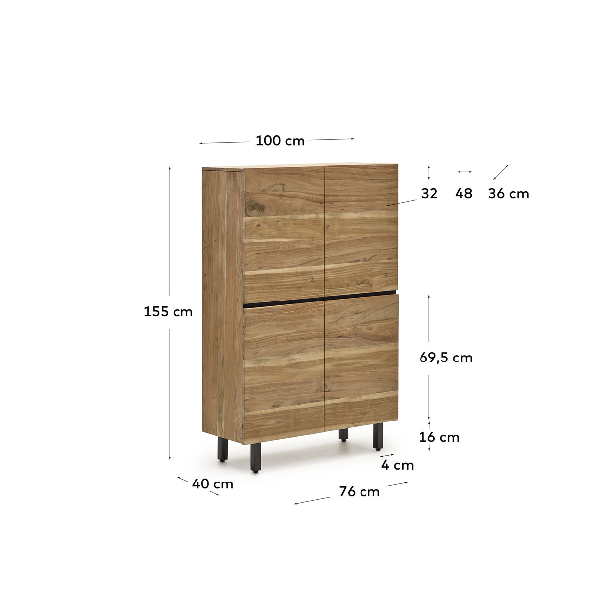 Uxue hohes Sideboard aus massivem Akazienholz mit natürlichem Finish 100 x 155 cm - ZEN ZONE Furniture