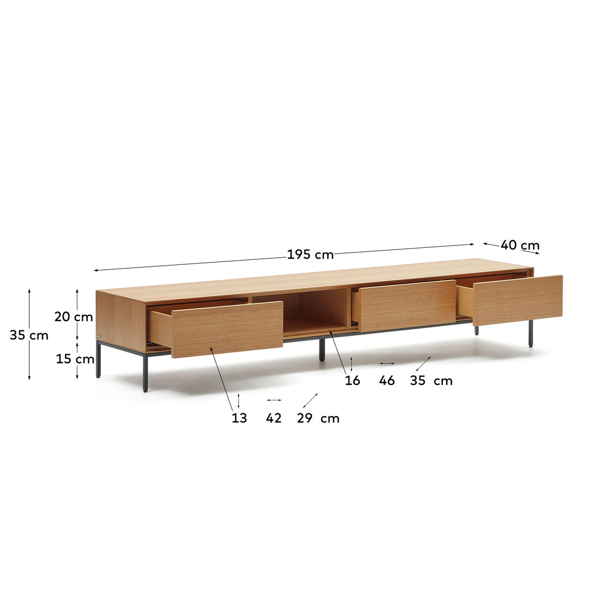 Vedrana TV-Schrank 3 Schubladen aus Eichenfurnier und Stahlbeine in Schwarz 195 x 35 cm - ZEN ZONE Furniture