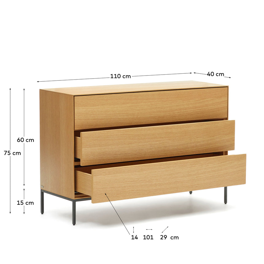 Vedrana Kommode aus 3 Schubladen aus Eichenfurnier und Stahlbeine in Schwarz 110 x 75 cm - ZEN ZONE Furniture