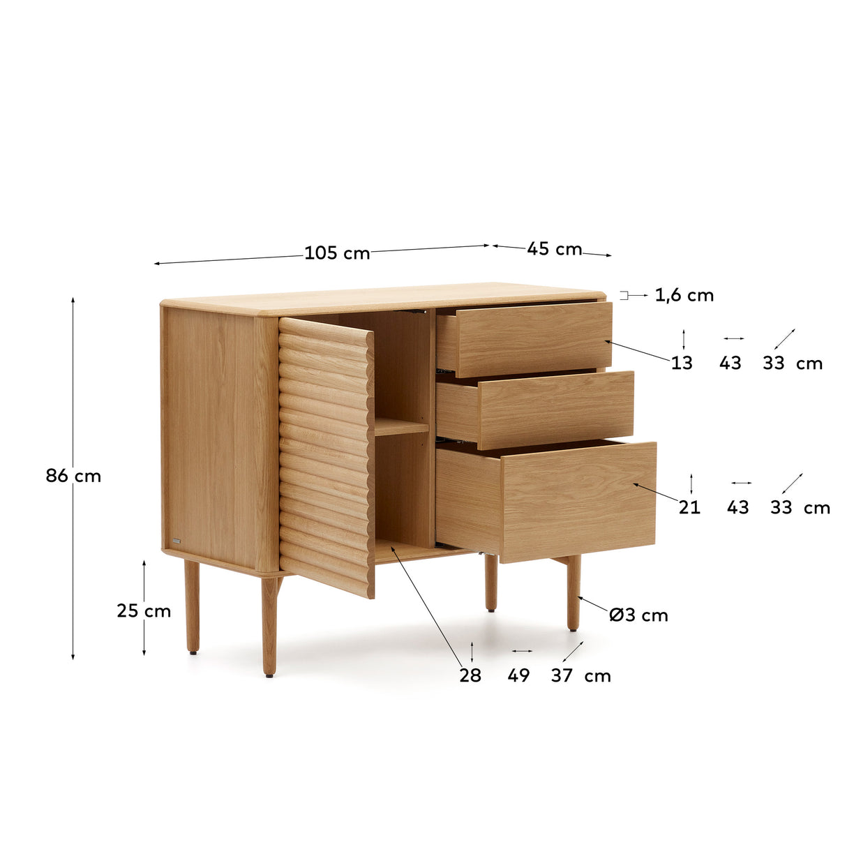 Lenon Sideboard 1 Türe und 3 Schubladen aus Eichenholz und Eichenfurnier 105 x 84 cm FSC M - ZEN ZONE Furniture