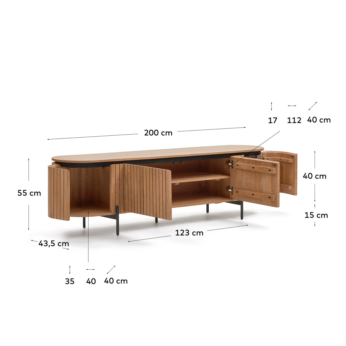 Licia TV-Möbel 4 Türen aus massivem Mangoholz und schwarz lackiertem Metall 200 x 55 cm - ZEN ZONE Furniture