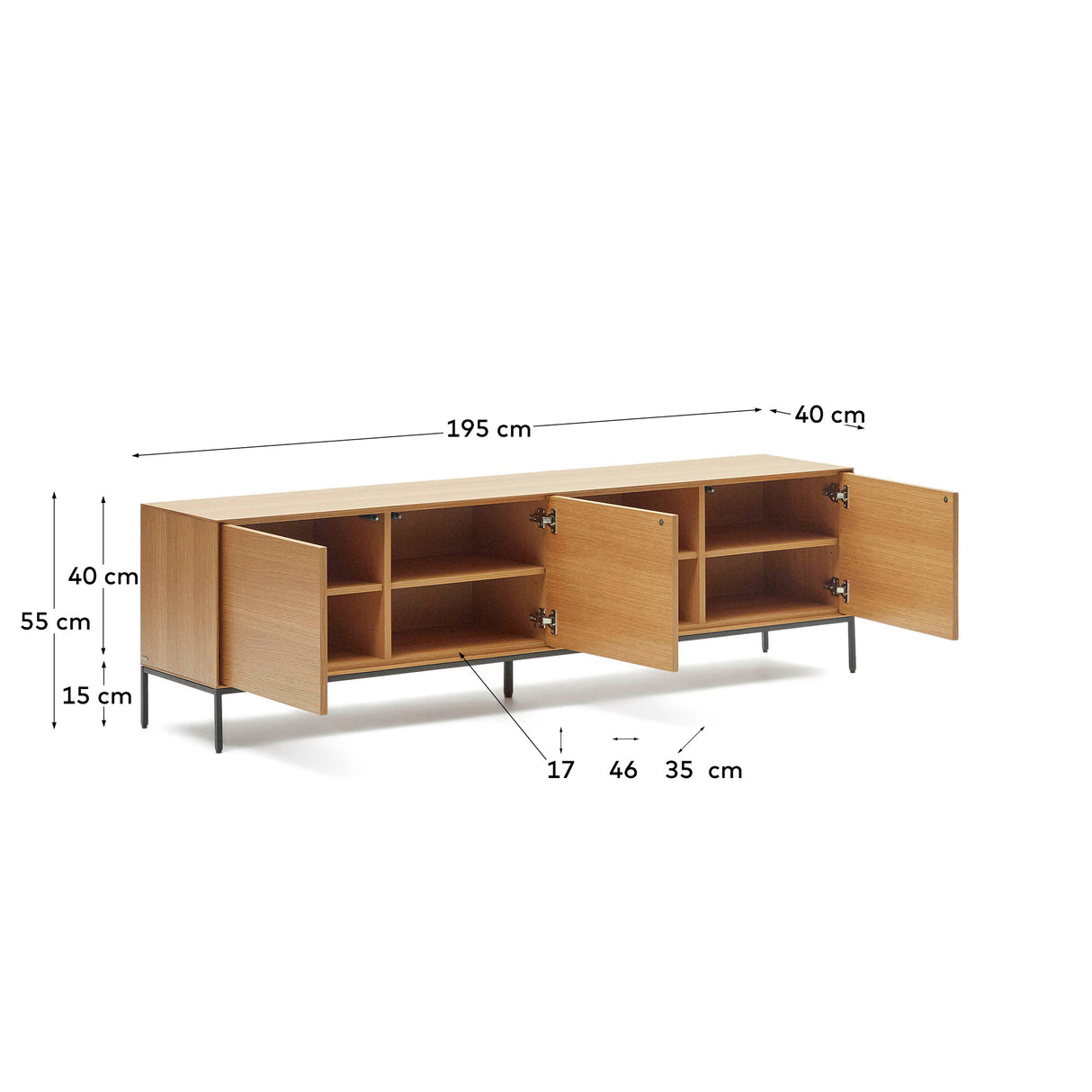 Vedrana TV-Schrank 3 Türen aus Eichenfurnier und Stahlbeine in Schwarz 195 x 55 cm - ZEN ZONE Furniture