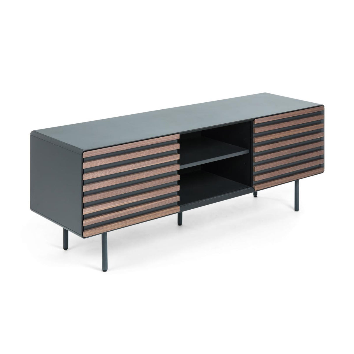 Kesia TV-Schrank 2 Türen Nussholzfurnier schwarze Lackierung Stahl in Schwarz 162 x 58 cm - ZEN ZONE Furniture