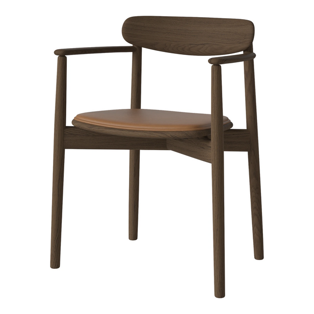 Merge Gepolsterter Esstischstuhl mit Armlehne aus Dunkel geölter Eiche, Sydney by Spoor - Leder, Cognac - ZEN ZONE Furniture