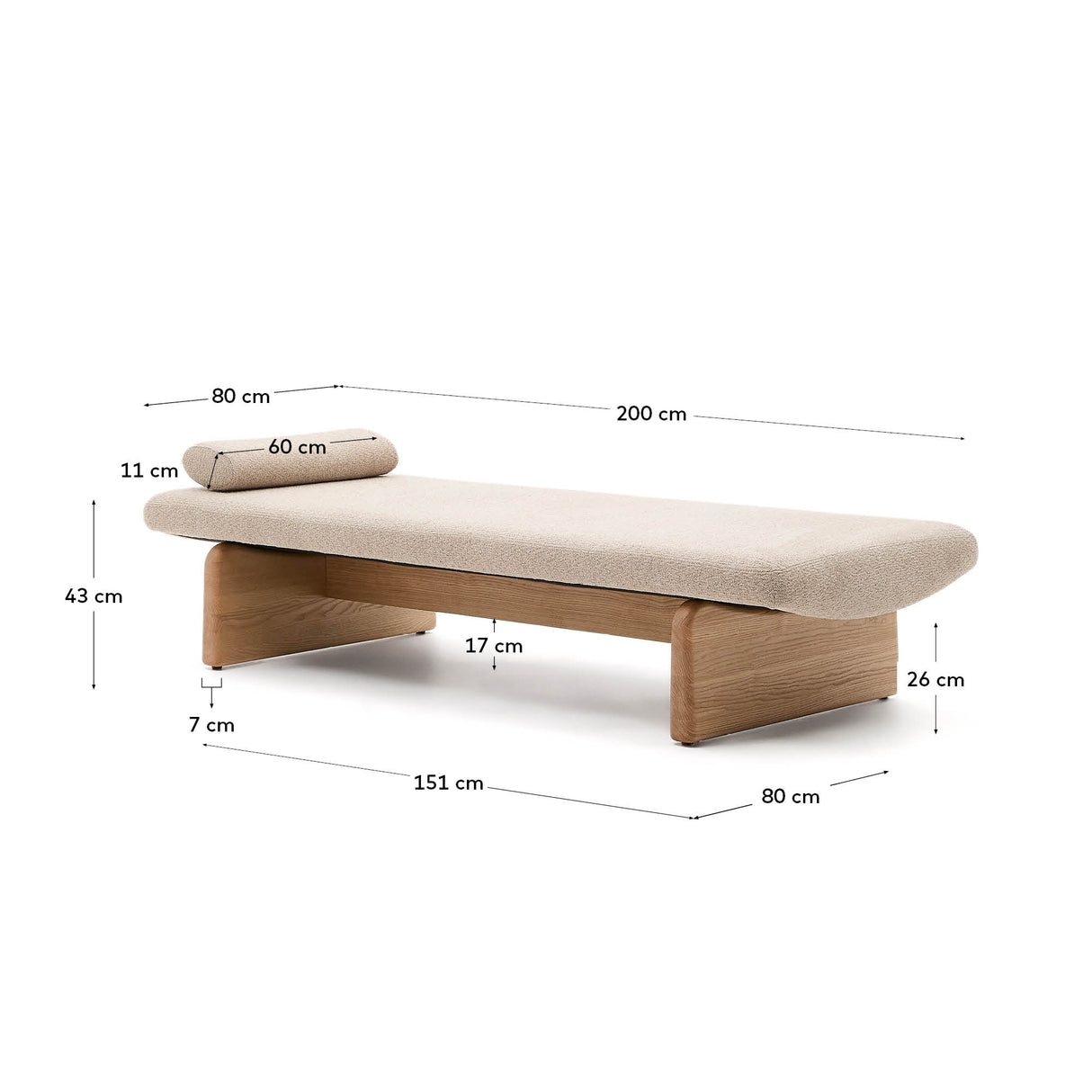 Daybed Topaz aus beigefarbenem Chenille und massivem Eschenholz mit natürlichem Finish 200 cm FSC 100% - ZEN ZONE Furniture