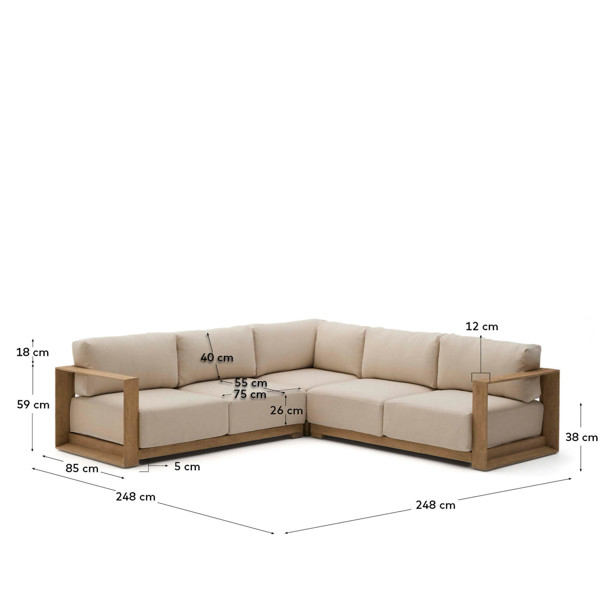 5-Sitzer-Ecksofa Ambra aus massivem Akazienholz mit hellem Finish 248 cm - ZEN ZONE Furniture