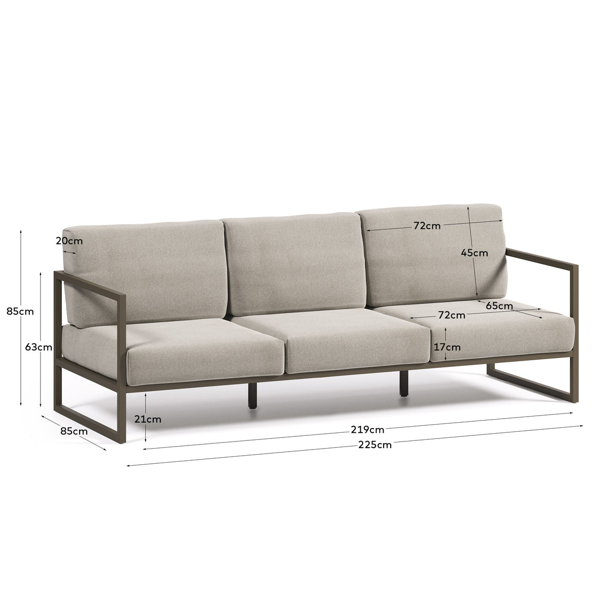 Comova 3-Sitzer Sofa 100% outdoor hellgrau und Aluminium grün 222 cm - ZEN ZONE Furniture