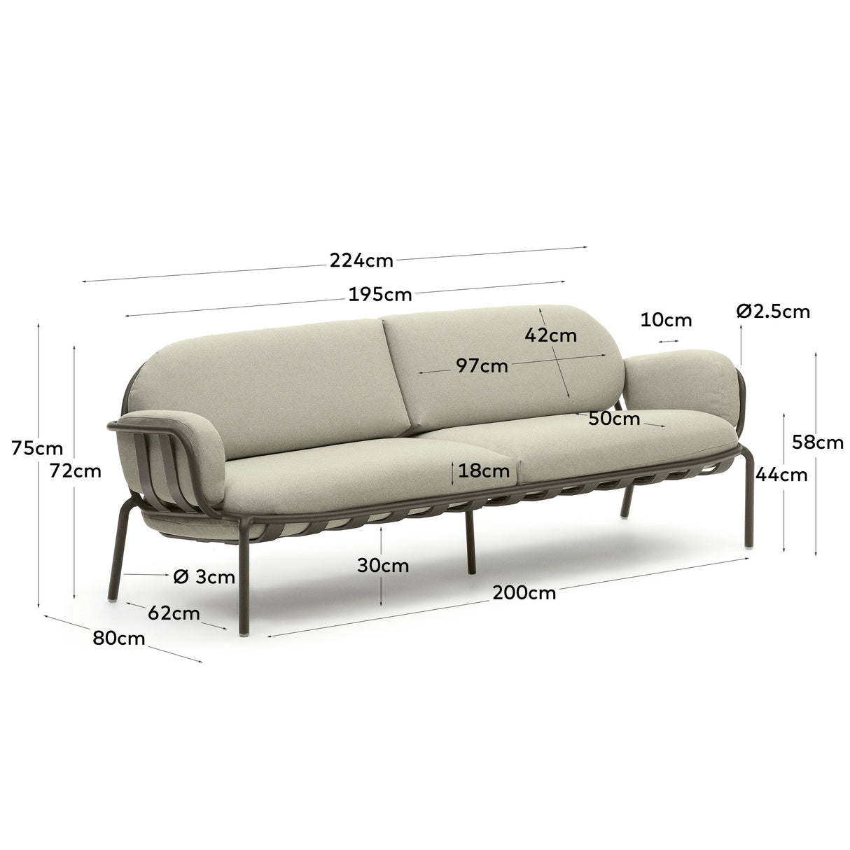 Joncols 3-Sitzer-Gartensofa aus Aluminium mit Finish in Grün 225 cm - ZEN ZONE Furniture