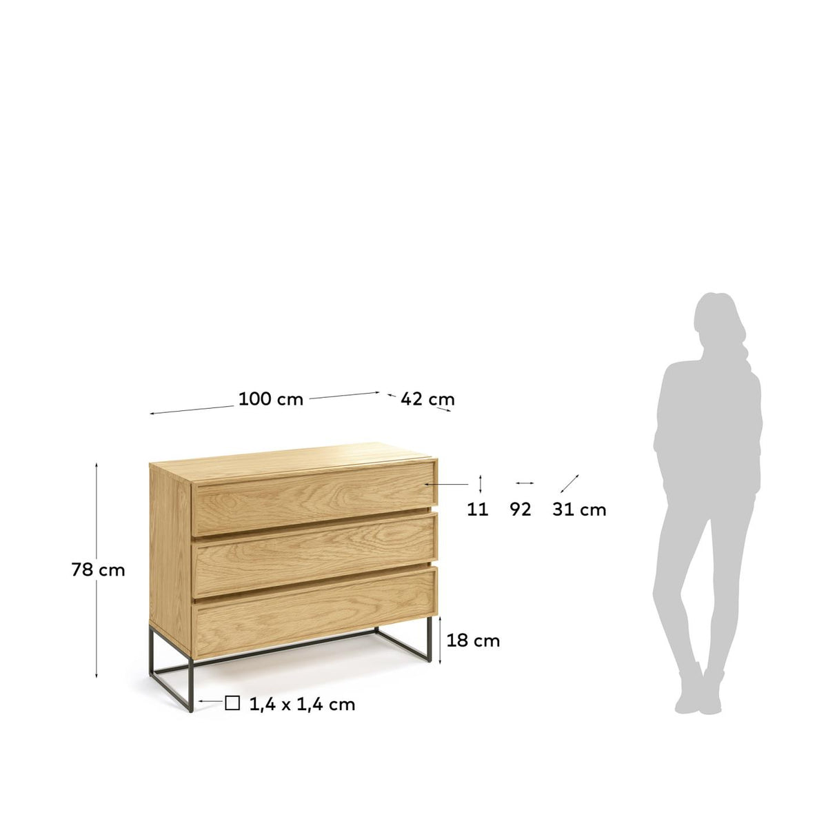 Taiana Kommode mit 3 Schubladen mit Eichenfurnier und schwarzer Stahlstruktur 100 x 78 cm - ZEN ZONE Furniture