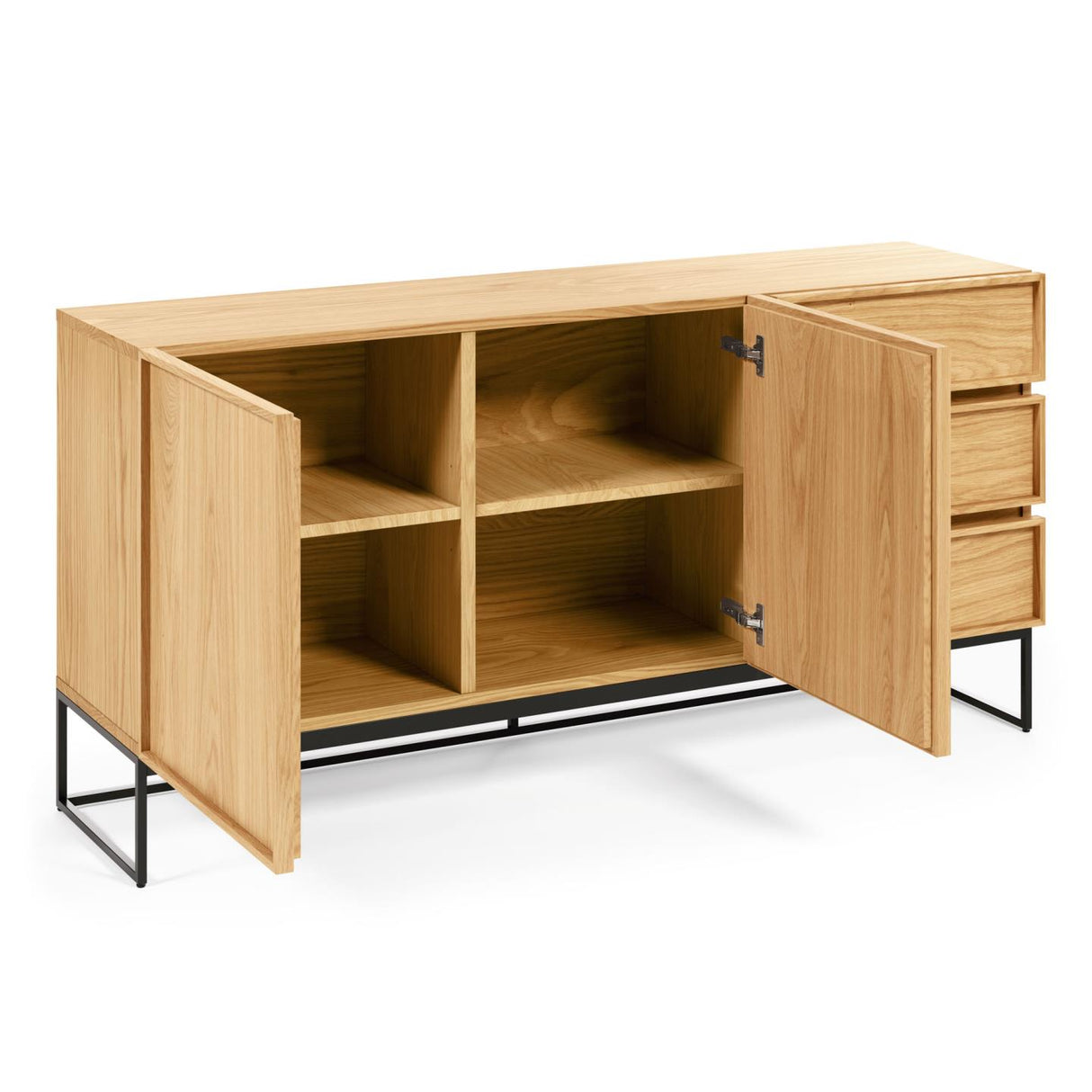 Taiana Sideboard 2 Türen 3 Schubladen Eichenfurnier Stahlgestell in Schwarz 160 x 78 cm - ZEN ZONE Furniture