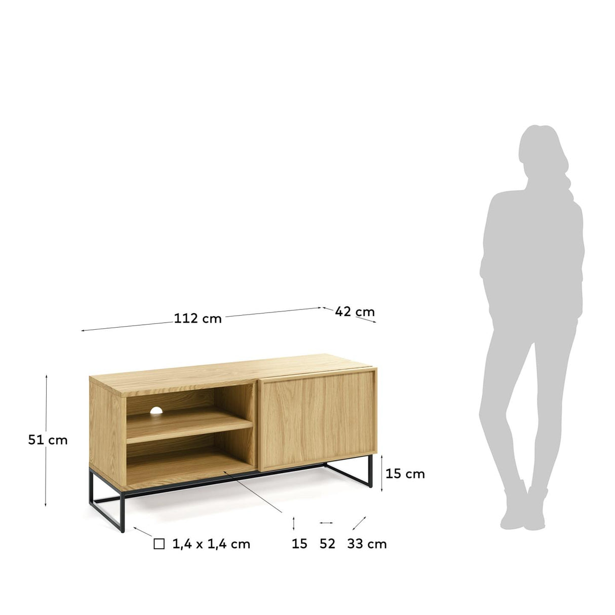 Taiana TV-Schrank 1 Türe Eichenfurnier und Stahlgestell mit schwarzem Finish 112 x 51 cm - ZEN ZONE Furniture