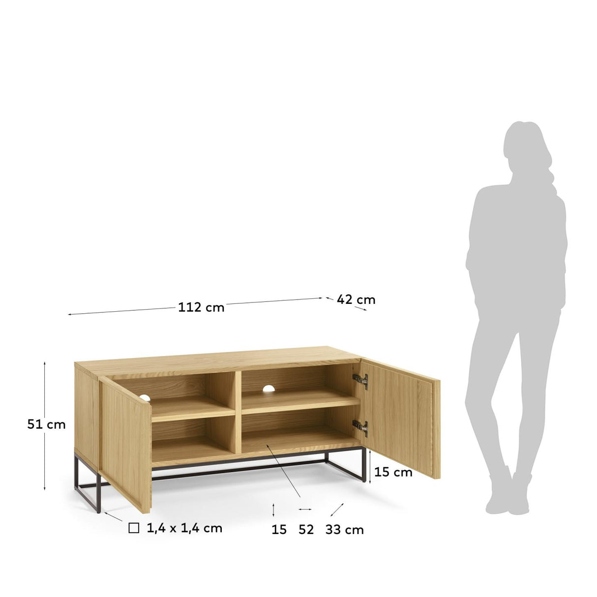 Taiana TV-Schrank 2 Türen Eichenfurnier und Stahlgestell mit schwarzem Finish 112 x 51 cm - ZEN ZONE Furniture