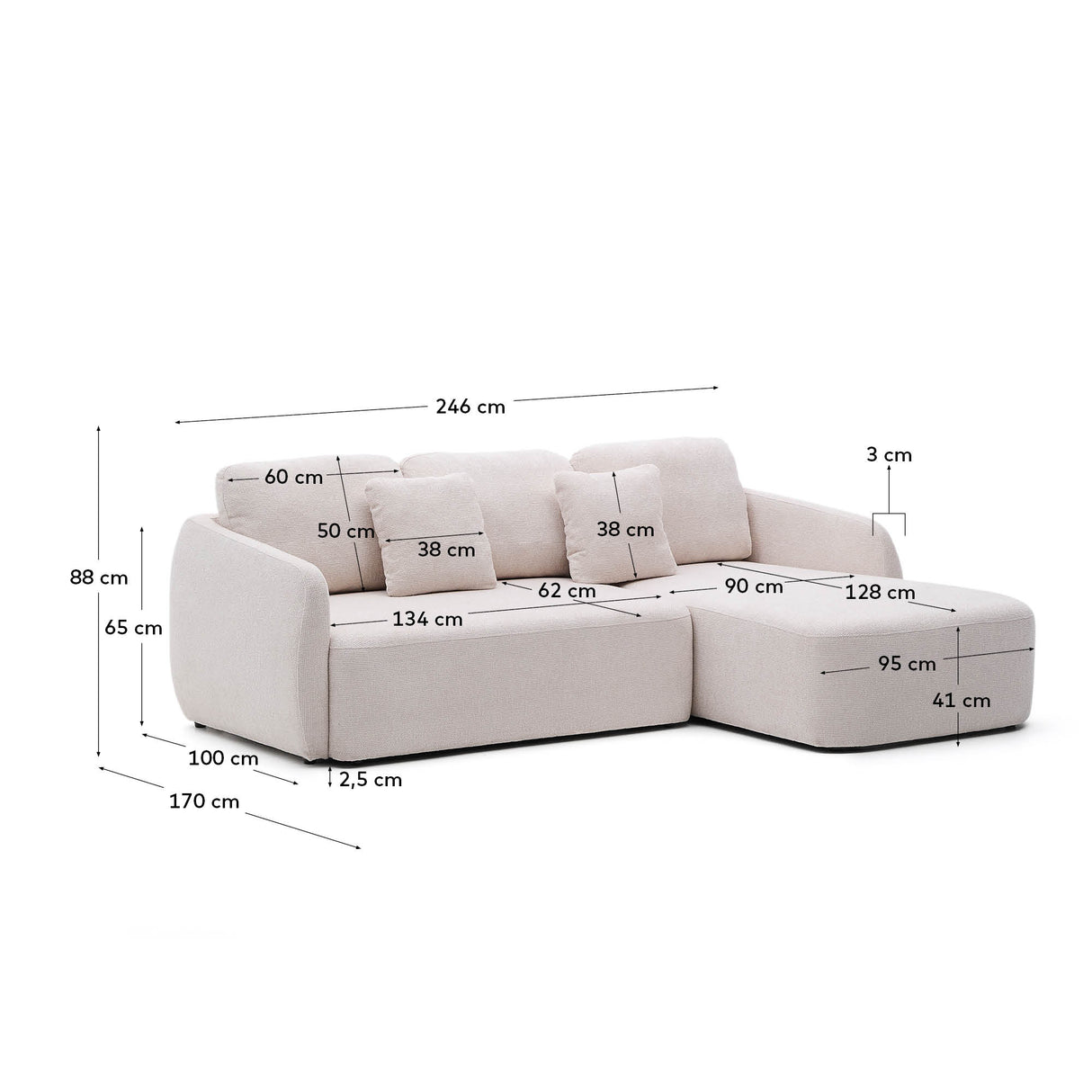 Schlafsofa Laira 3-Sitzer in Chenille mit Chaiselongue rechts ecru 246 cm FSC Mix Credit - ZEN ZONE Furniture