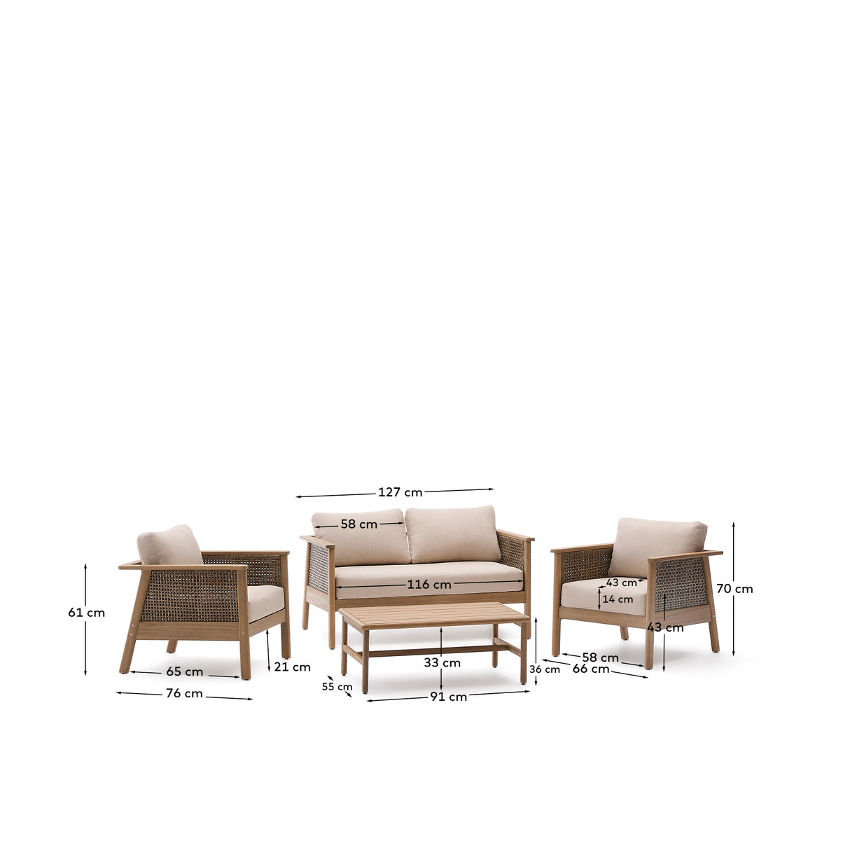 Set Alabe bestehend aus 2-Sitzer-Sofa, 2 Sesseln und Couchtisch aus Akazienholz 100% FSC - ZEN ZONE Furniture