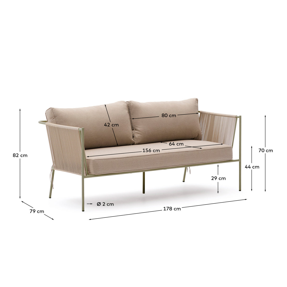 2-Sitzer-Outdoor-Sofa Zivia aus écrufarbenem Seil und grün verzinktem Stahl 178 cm - ZEN ZONE Furniture