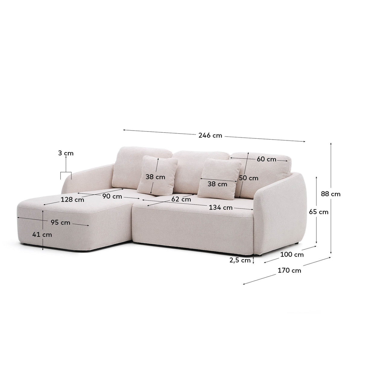 Schlafsofa Laira 3-Sitzer in Chenille mit Chaiselongue links ecru 246 cm FSC Mix Credit - ZEN ZONE Furniture