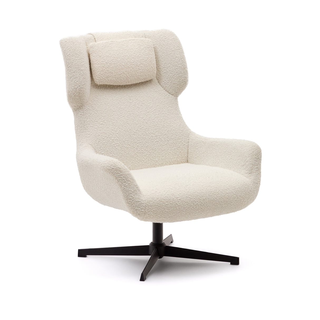 Zalina Drehsessel aus weißem Bouclé und Stahl mit schwarzem Finish FSC 100% - ZEN ZONE Furniture