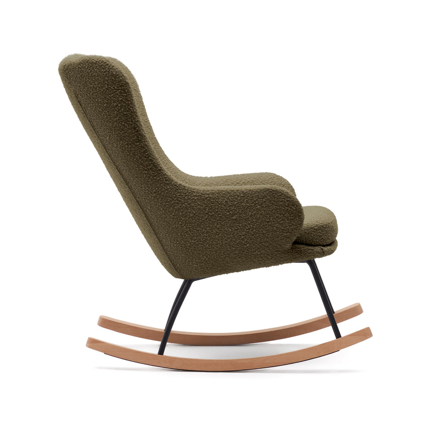Maustin Schaukelstuhl mit dunkelgrünem Bouclé und Gestell aus Stahl und Buchenholz - ZEN ZONE Furniture