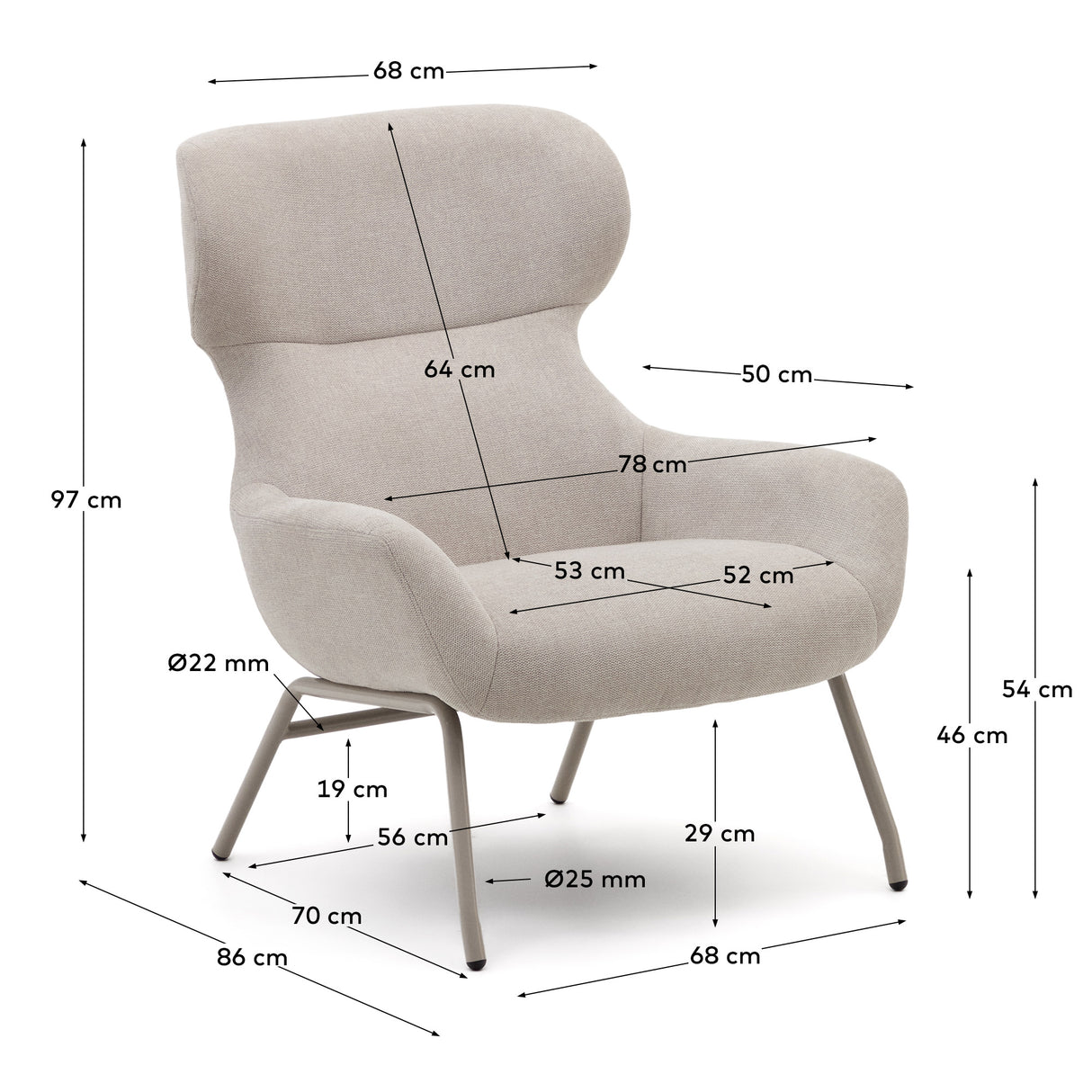 Belina Sessel aus Chenille in Beige und Stahl mit weißem Finish FSC 100% - ZEN ZONE Furniture