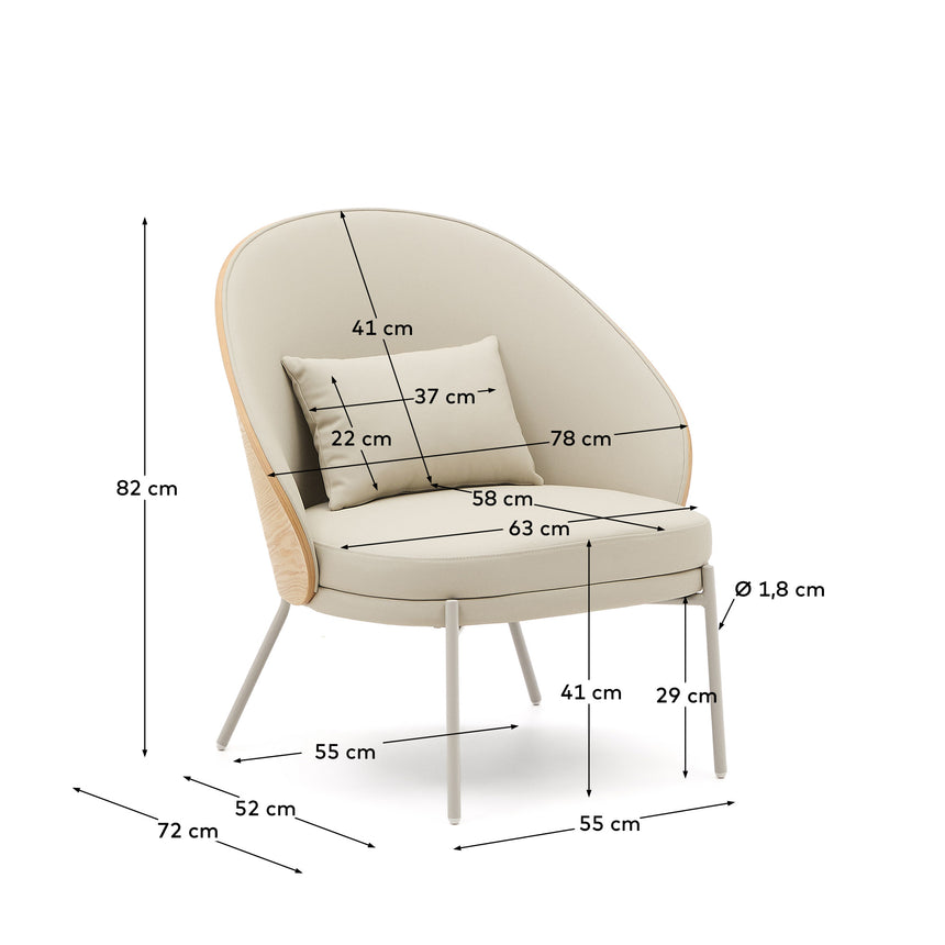 Eamy Sessel aus beigefarbenem Kunstleder, Eschenfurnier in Nussbaum-Finish mit Metall in B - ZEN ZONE Furniture