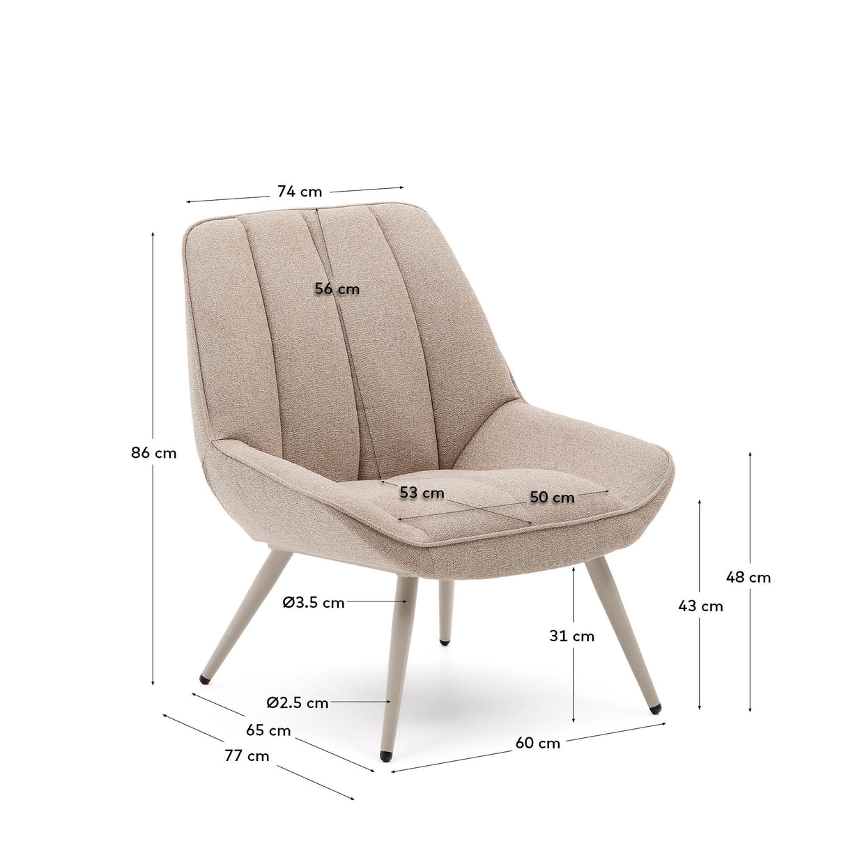 Sessel Marlina aus beigefarbenem Chenille-Stoff und mattgrau lackierten Stahlbeinen. - ZEN ZONE Furniture