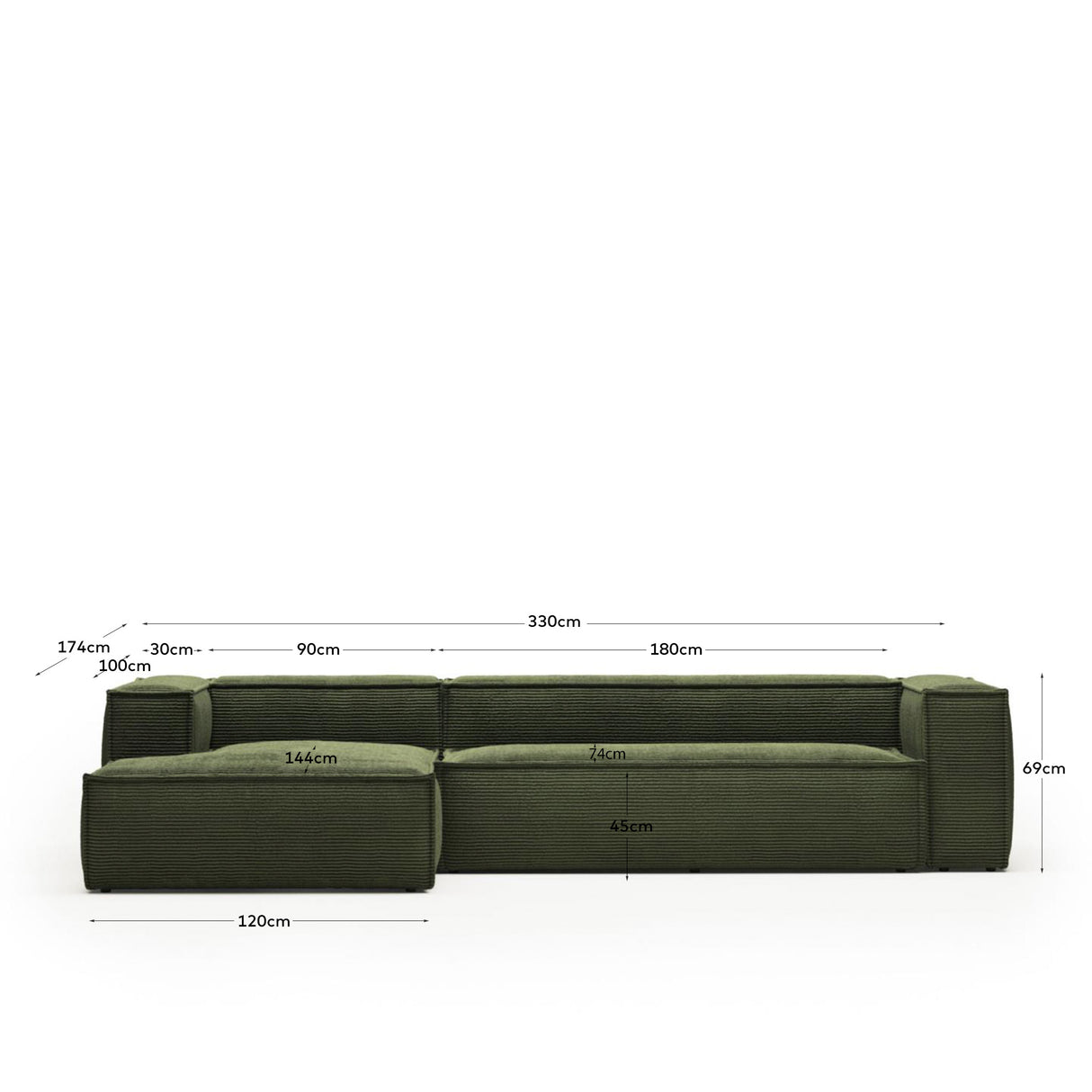 Blok 4-Sitzer-Sofa mit Chaiselongue links breiter Cord grün 330 cm - ZEN ZONE Furniture