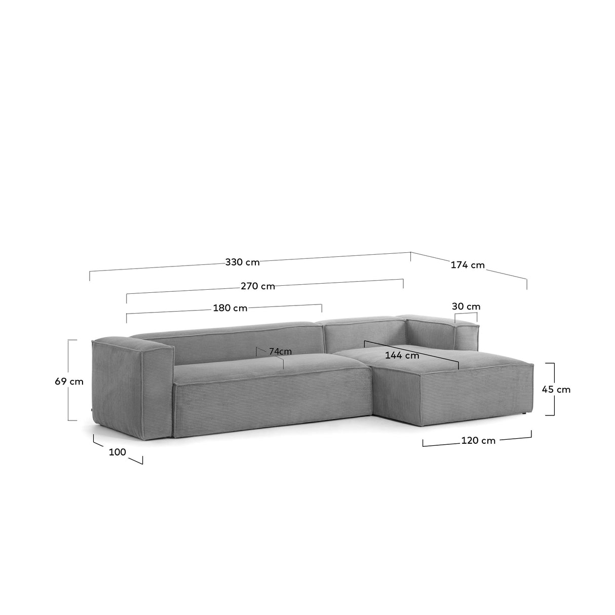 Blok 4-Sitzer-Sofa mit Chaiselongue rechts breiter Cord grau 330 cm - ZEN ZONE Furniture