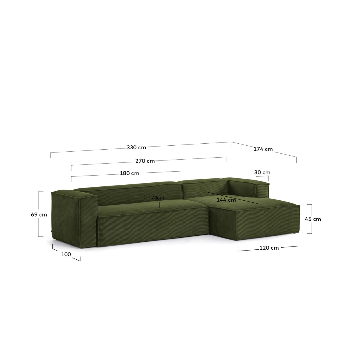 Blok 4-Sitzer-Sofa mit Chaiselongue rechts und breitem Cord grün 330cm - ZEN ZONE Furniture
