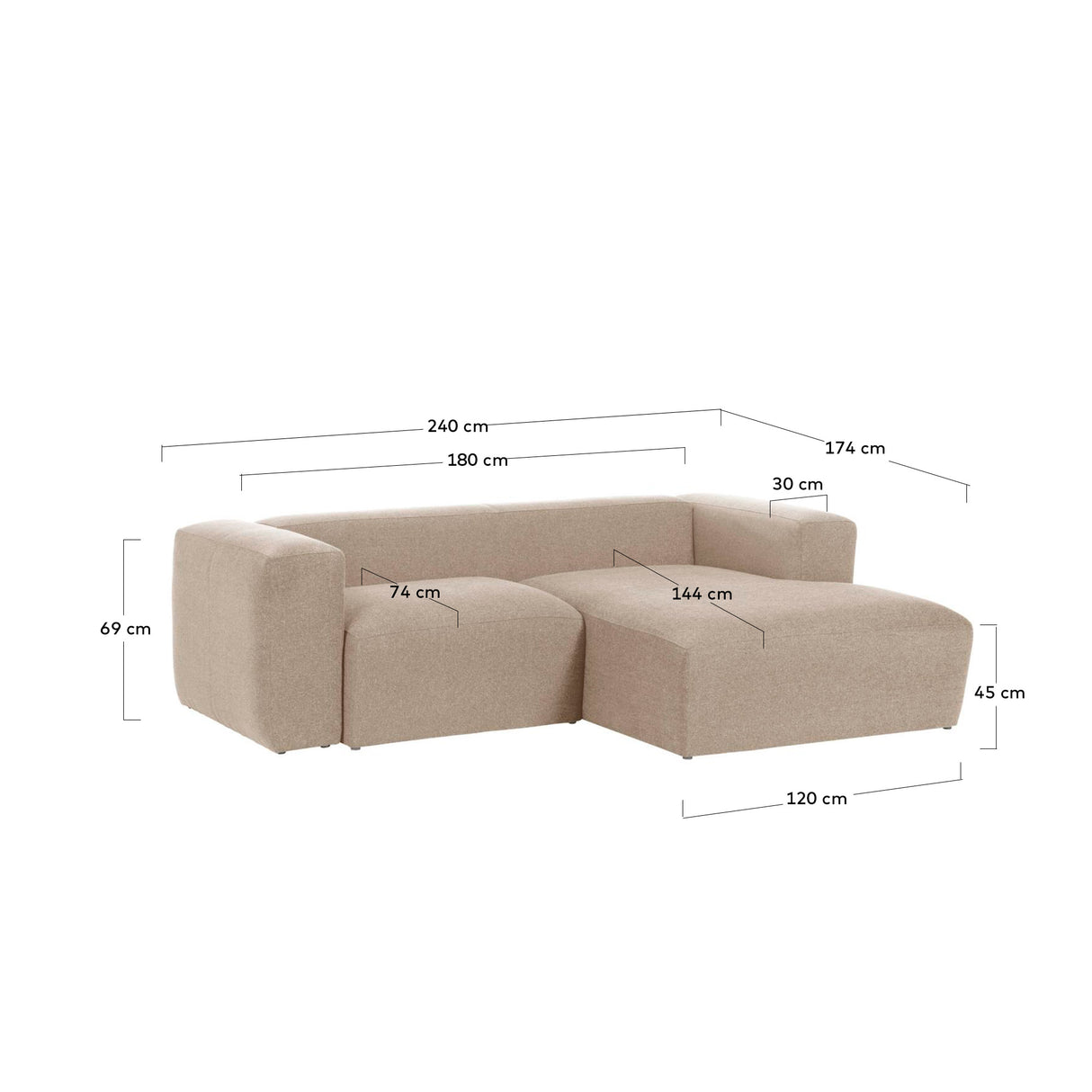 Blok 2-Sitzer Sofa mit Chaiselongue rechts beige 240 cm - ZEN ZONE Furniture