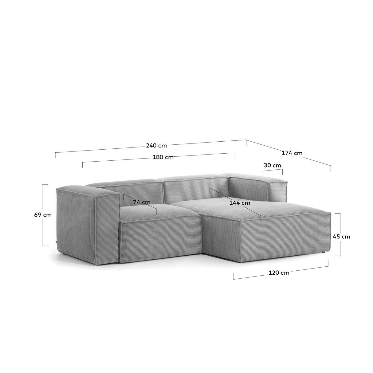 Blok 2-Sitzer-Sofa mit Chaiselongue rechts breiter Cord grau 240 cm - ZEN ZONE Furniture