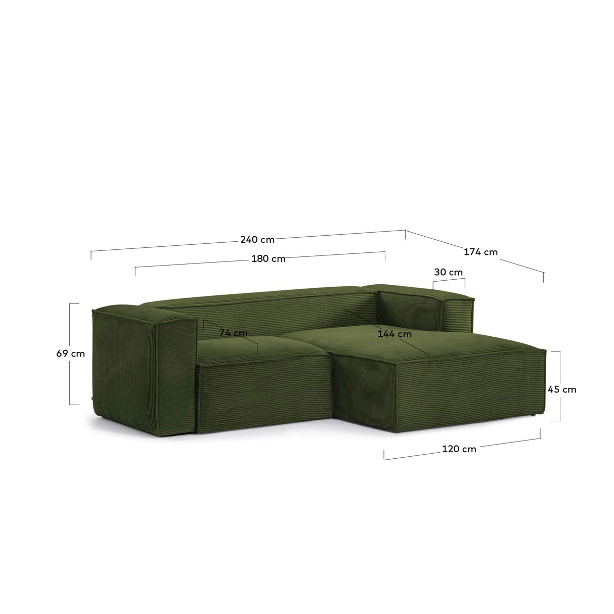 Blok 2-Sitzer-Sofa mit Chaiselongue rechts breiter Cord grün 240 cm - ZEN ZONE Furniture