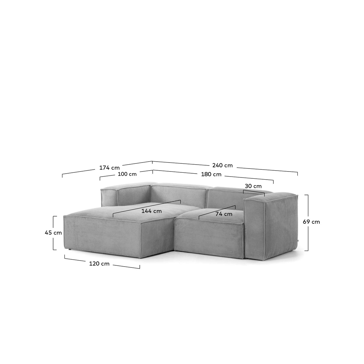 Blok 2-Sitzer-Sofa mit Chaiselongue links breiter Cord grau 240 cm - ZEN ZONE Furniture