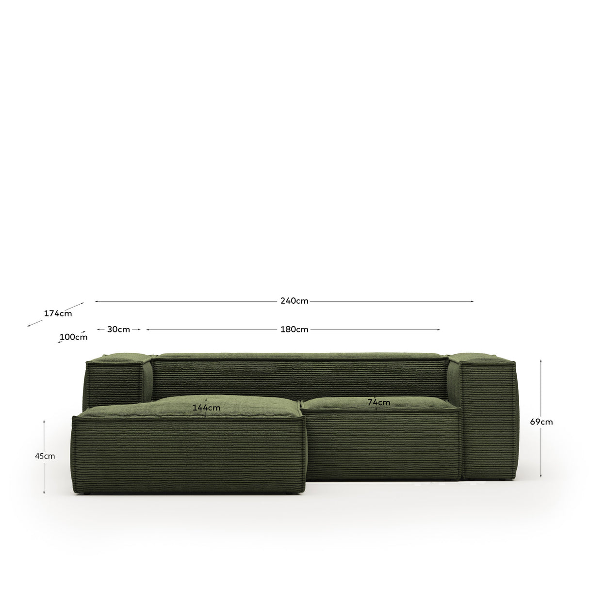 Blok 2-Sitzer-Sofa mit Chaiselongue links breiter Cord grün 240 cm - ZEN ZONE Furniture