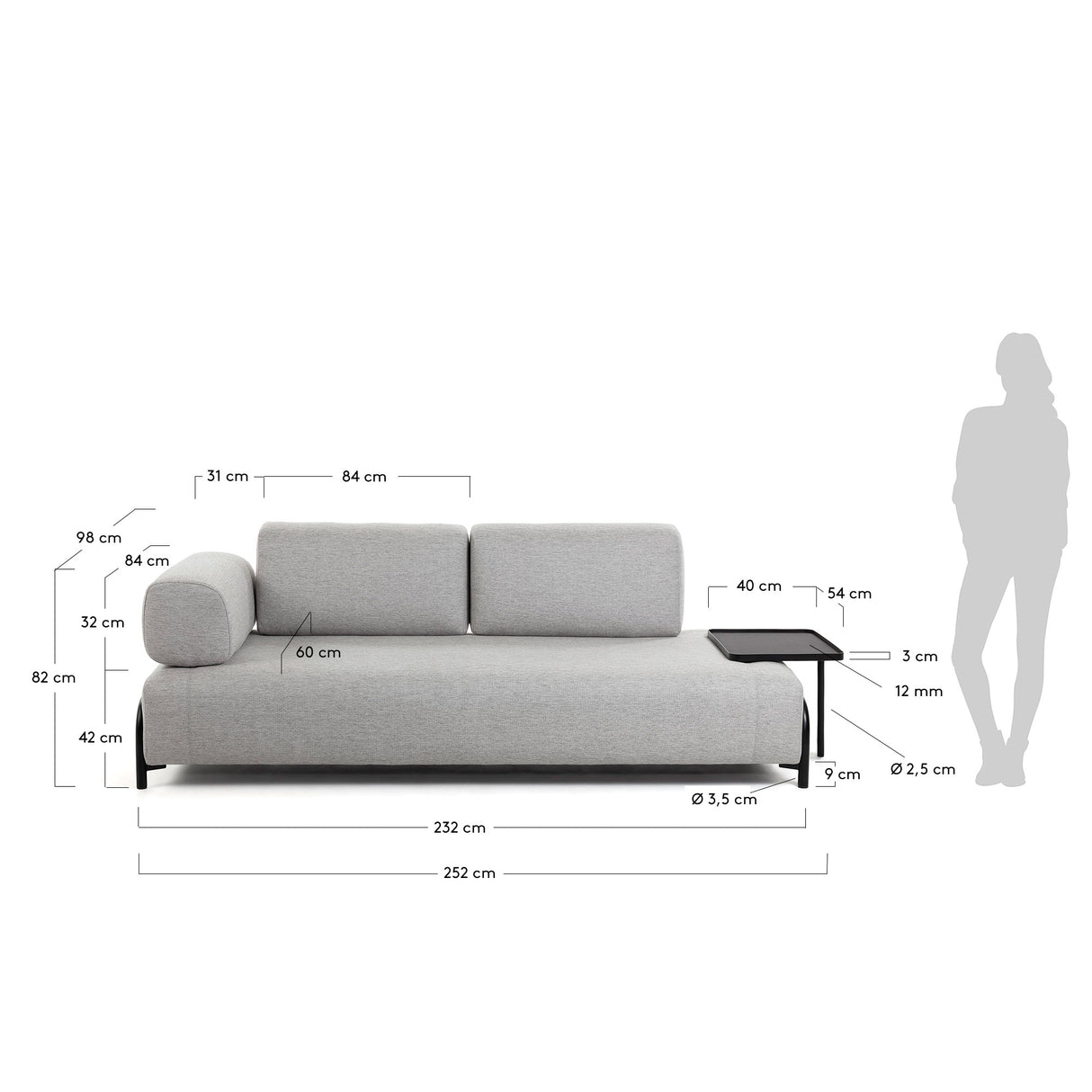 Compo 3-Sitzer Sofa beige mit großem Tablett 252 cm - ZEN ZONE Furniture