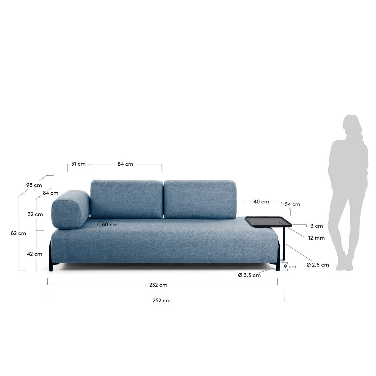 Compo 3-Sitzer Sofa blau mit großem Tablett 252 cm - ZEN ZONE Furniture