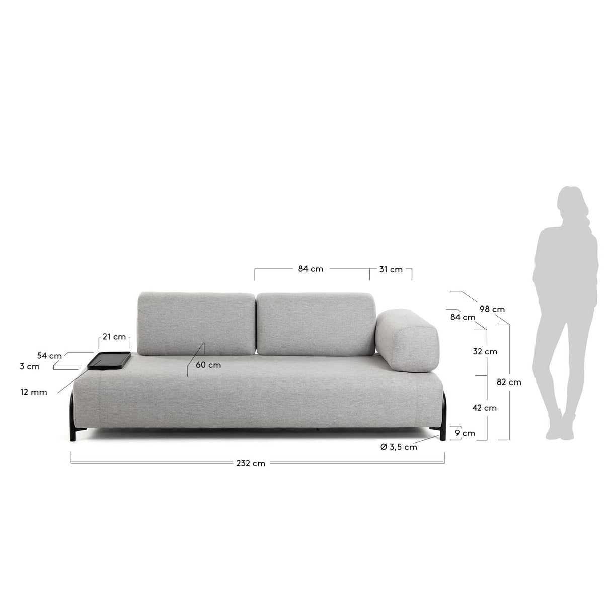 Compo 3-Sitzer Sofa beige mit kleinem Tablett 232 cm - ZEN ZONE Furniture