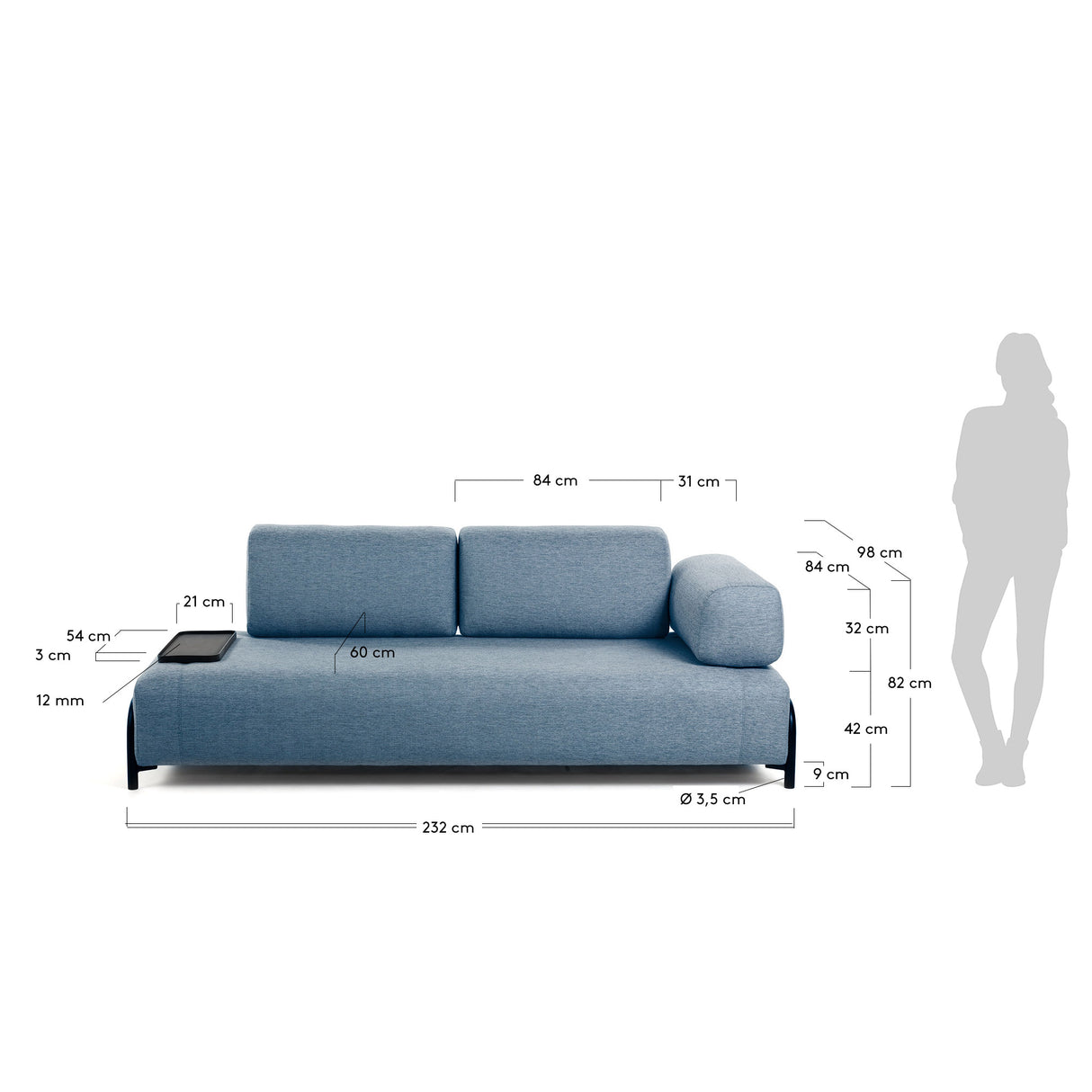 Compo 3-Sitzer Sofa blau mit kleinem Tablett 232 cm - ZEN ZONE Furniture