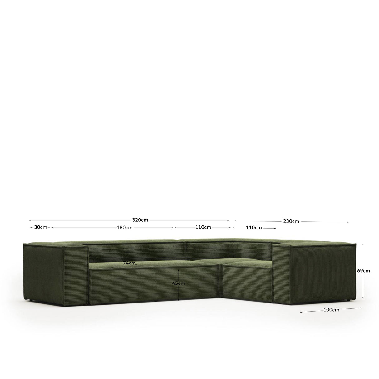 Blok 4-Sitzer Ecksofa Cord grün 320 x 230 cm / 230 x 320 cm - ZEN ZONE Furniture