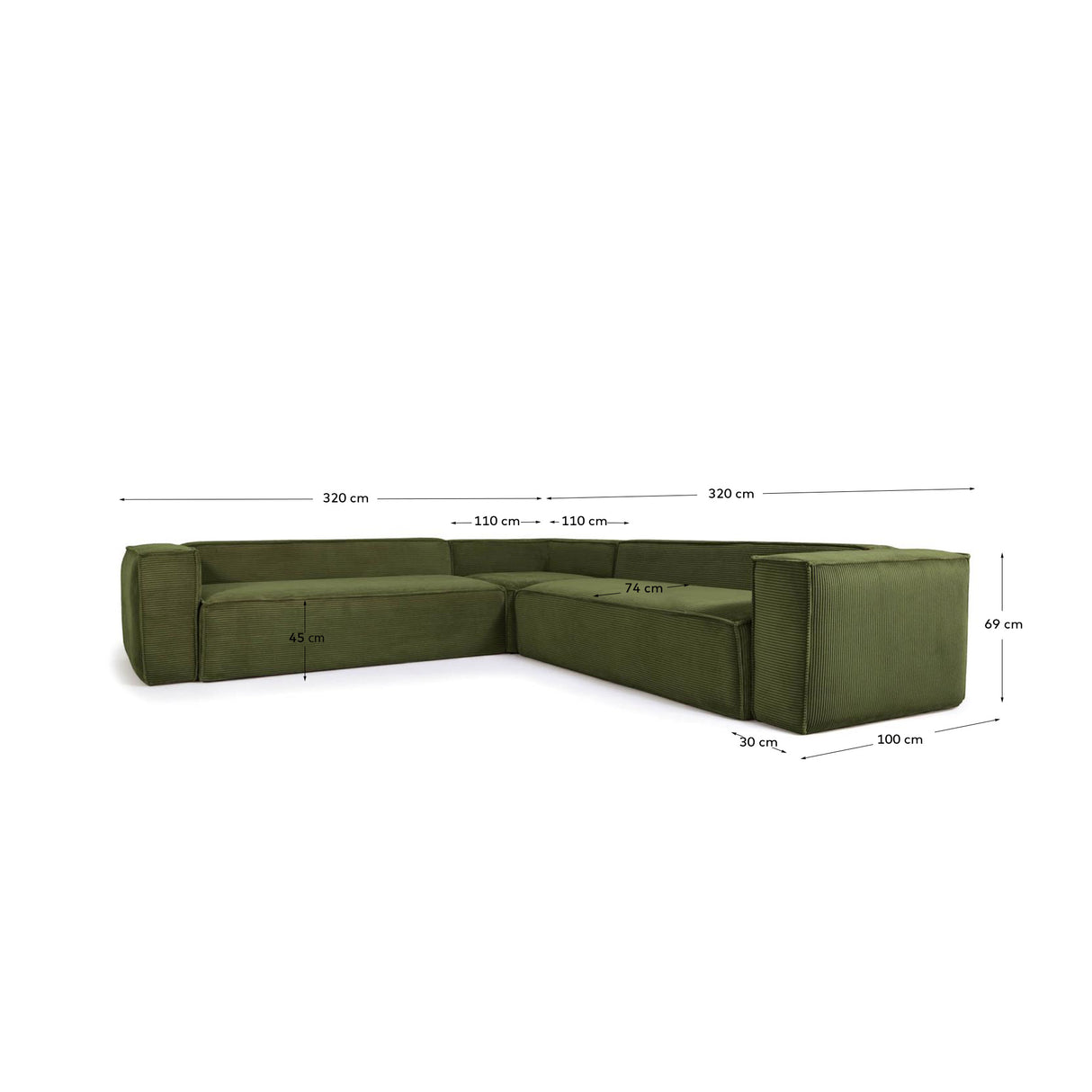 Blok 6-Sitzer Ecksofa dicker Cord grün 320 x 320 cm - ZEN ZONE Furniture