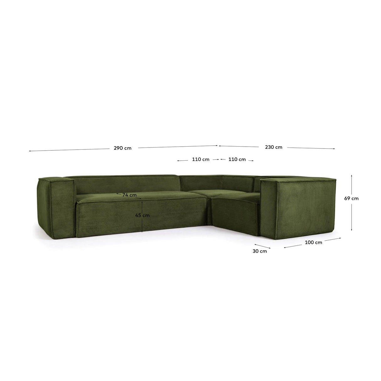 Blok 3-Sitzer-Ecksofa breiter Cord grün 290 x 230 cm / 230 cm 290 cm - ZEN ZONE Furniture