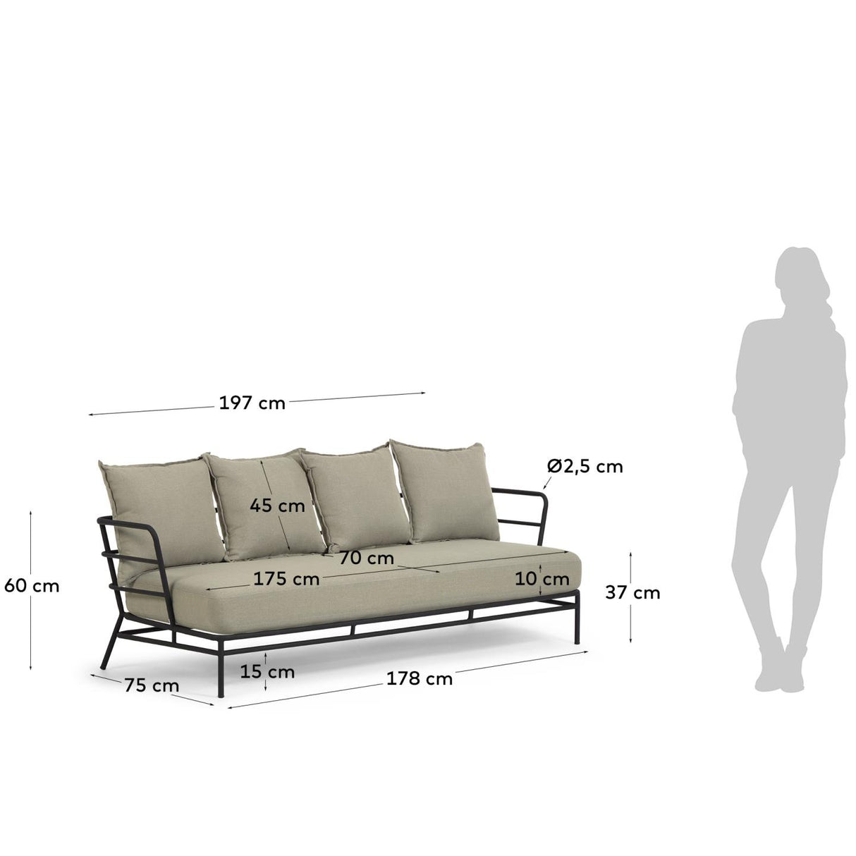 Mareluz 3-Sitzersofa aus schwarzem Stahl 197 cm - ZEN ZONE Furniture
