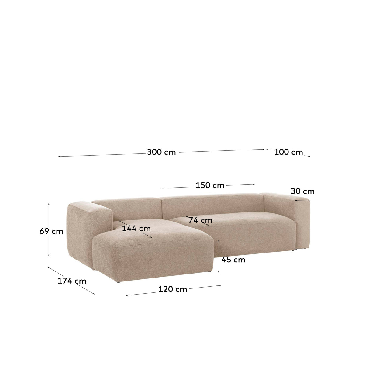 Blok 3-Sitzer Sofa mit Chaiselongue links in beige 300 cm - ZEN ZONE Furniture